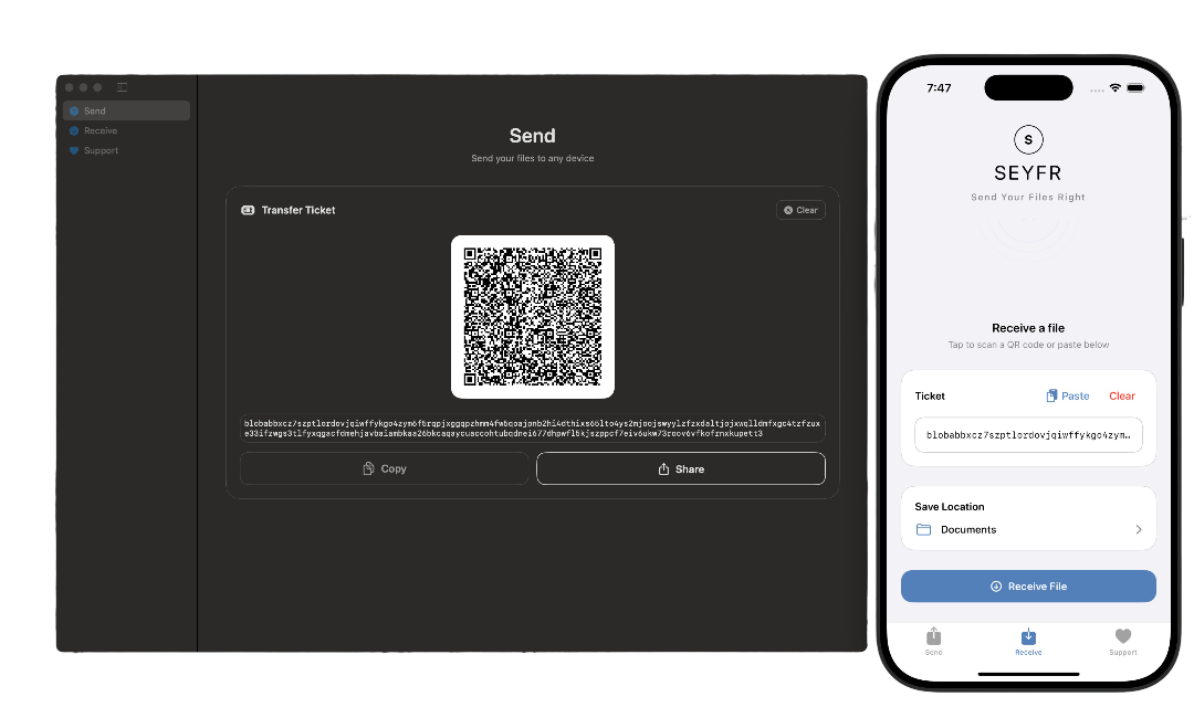 Seyfr app running on a Mac, Android phone, and Apple iPhone displaying the file transfer QR code