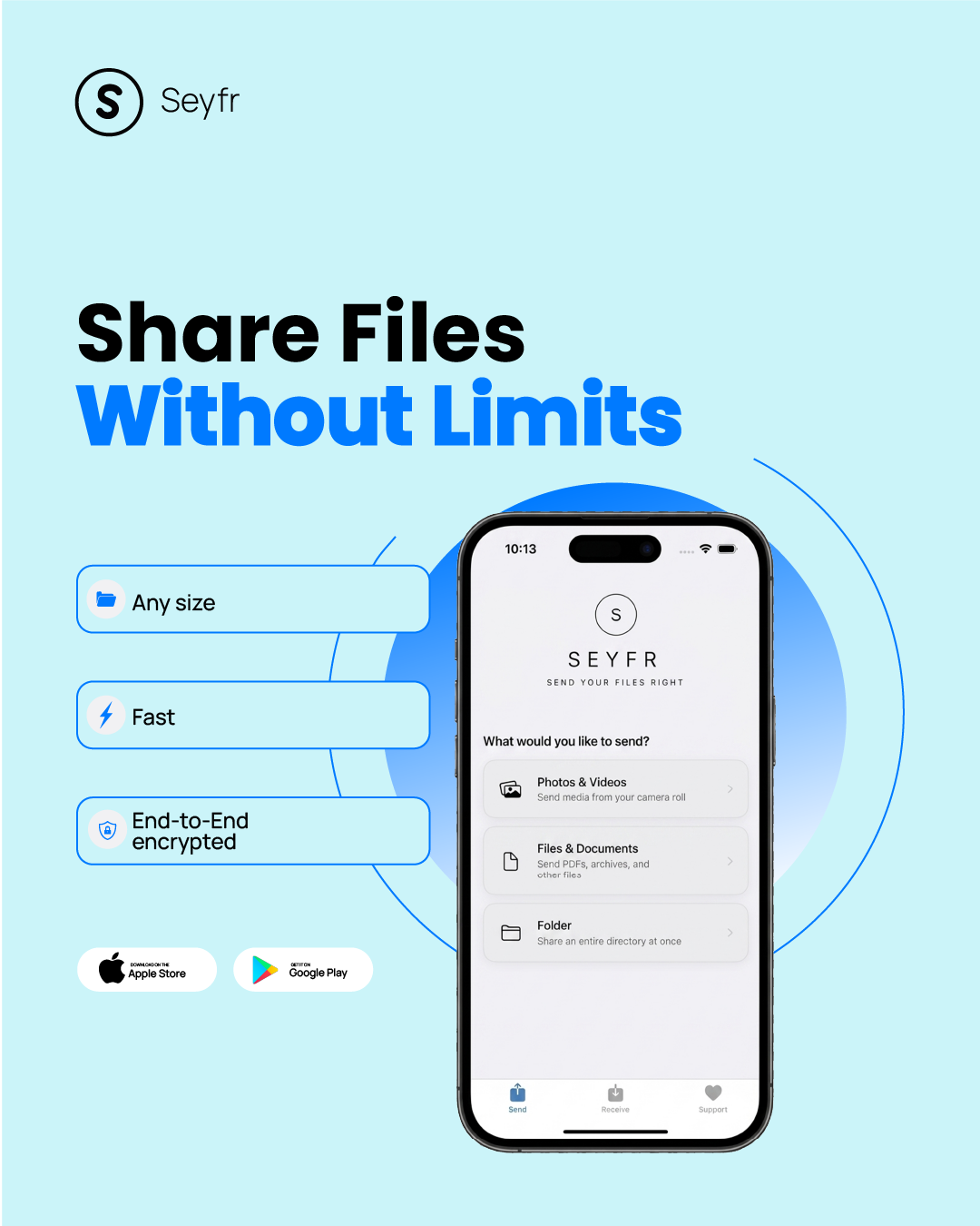 Seyfr — Share Files Without Limits. Any size, fast, end-to-end encrypted.
